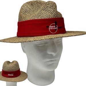 Vintage 90s Coca Cola Straw Panama Hat Cowboy Western Coke Soda Pop Logo Beige